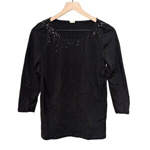 J Crew Sequin Tee Womens M Black 3/4 Sleeve Top 100% Cotton Office 47325